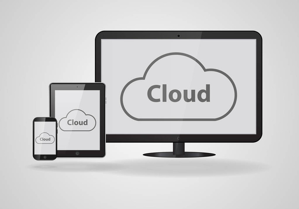 Concepto de tecnologías en la nube: Ordenador personal, tableta, teléfono sobre un fondo blanco
. - Vector, imagen