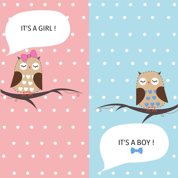 Cute baby owls. Baby girl and baby boy owl. Baby shower greeting card background - Vector, afbeelding