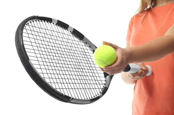 Woman with tennis racket and ball on white background - Fotografie, Obrázek