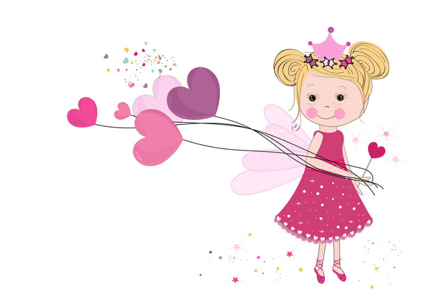 Cute fairy girl holding heart balloon. Happy valentine's day vector background - Vector, Image