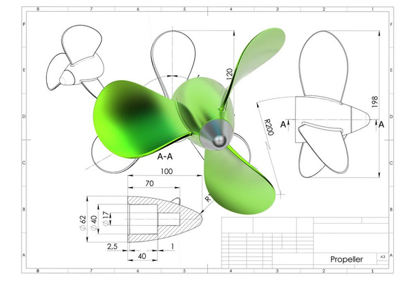 3d illustration of propeller above engineering drawing - Фото, изображение