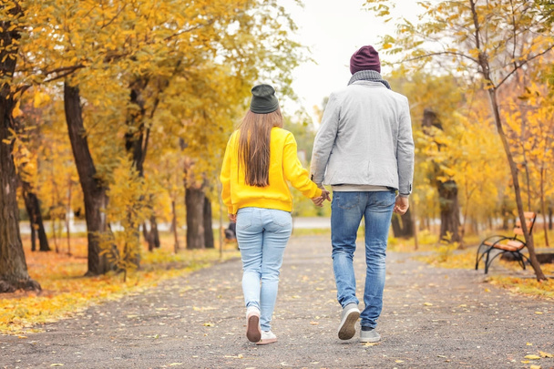Young couple walking in park on autumn day - Φωτογραφία, εικόνα