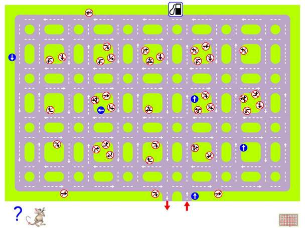 Logik-Puzzle mit Labyrinth. finden Sie den Weg zur Tankstelle und wenden Sie sich unter Beachtung der Verkehrsschilder zurück. Kehrtwenden sind verboten. Vektorbild. - Vektor, Bild