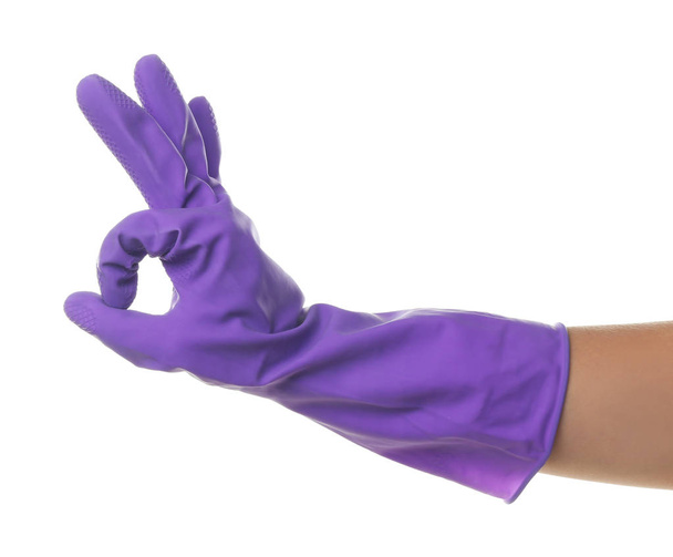 Female hand in rubber glove showing OK sign, isolated on white - Foto, Imagem