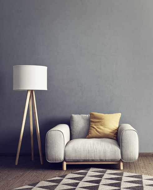 modern living room with grey armchair, yellow pillow and lamp. scandinavian interior design furniture. 3d render illustration - Fotoğraf, Görsel