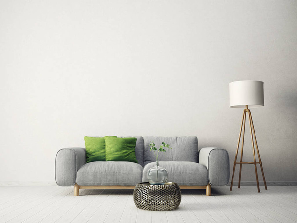 modern living room with sofa, green pillow and lamp. scandinavian interior design furniture. 3d render illustration - 写真・画像