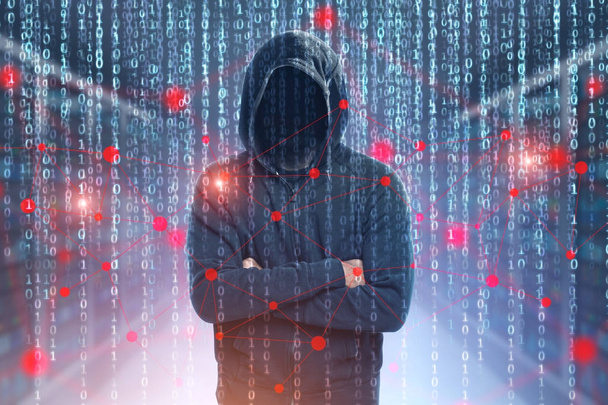 Unrecognizable hacker, zeros and ones, network - Photo, Image