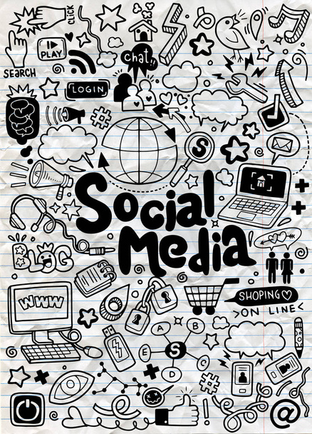 Oggetti e simboli sull'elemento Social Media. Illustrazione vettoriale
 - Vettoriali, immagini