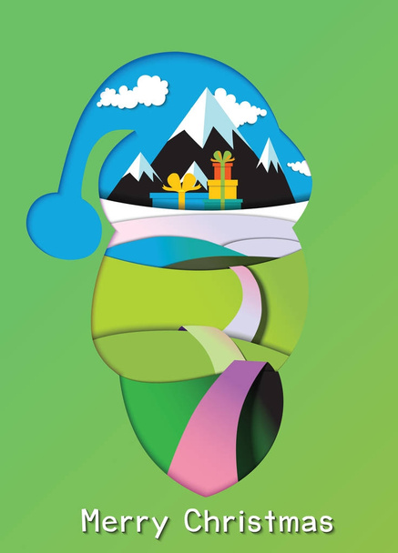 The asphalt road leads to a pile of gifts located in front of the mountain through green pastures.Santa Claus head,Paper art style vector illustration. - Vector, Image