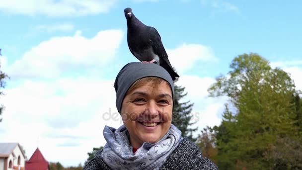 Μια ευτυχισμένη γυναίκα με ένα γκρι Περιστέρι στο κεφάλι της στη slo-mo - Πλάνα, βίντεο