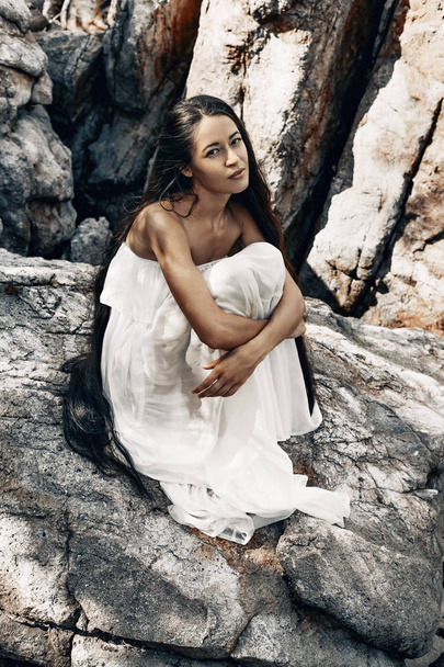 beautiful young boho style woman in white dress - Foto, Imagem