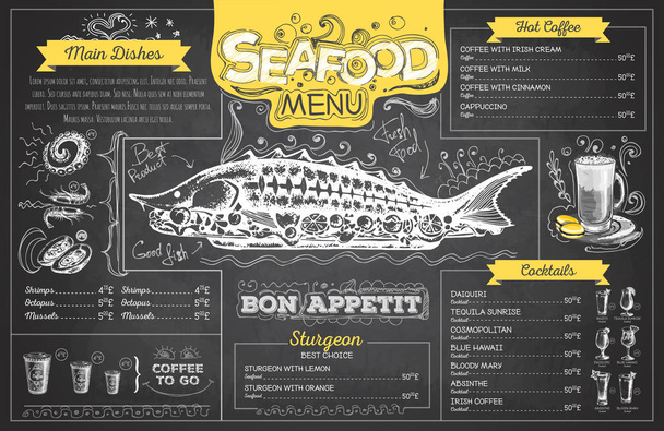 Vintage chalk drawing seafood menu design. Restaurant menu - Vector, Image