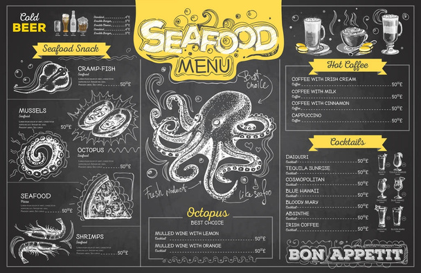 Vintage liitu piirustus mereneläviä menu suunnittelu. Ravintolan menu
 - Vektori, kuva