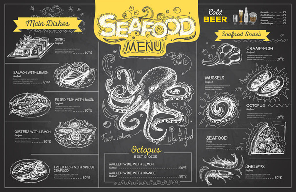 Vintage liitu piirustus mereneläviä menu suunnittelu. Ravintolan menu
 - Vektori, kuva