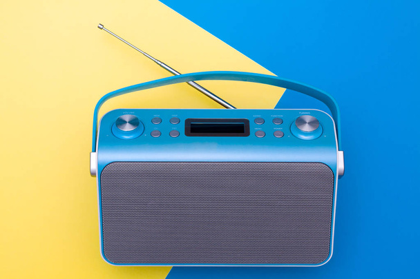 Top view on new digital blue radio,which it is stylized art retro style radio. - Photo, Image