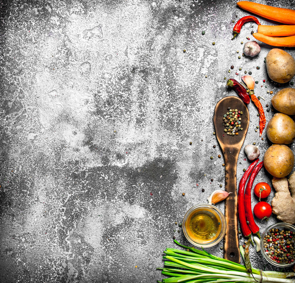 Fresh vegetables . Fresh vegetables with spices and herbs. On rustic background. - Foto, imagen