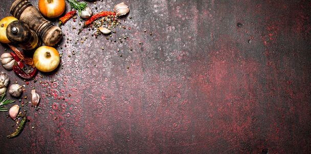 Fresh spices. A variety of aromatic spices with chili peppers and onions. On rustic background. - Photo, image