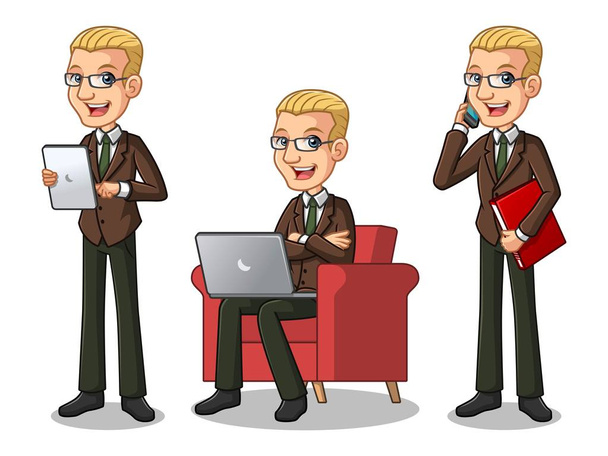 Set von blonden Geschäftsmann in braunem Anzug Zeichentrickfigur Design arbeitet an Gadgets, Tablet, Laptop und Mobiltelefon, isoliert vor weißem Hintergrund. - Vektor, Bild