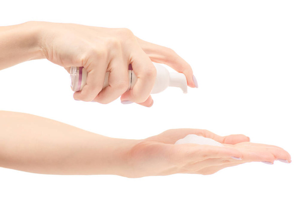 Female hand antiseptic hand foam - Zdjęcie, obraz