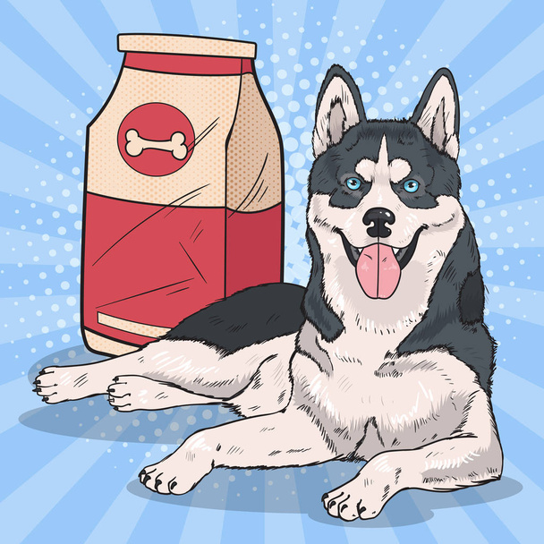 Pop Art Husky hond met grote voedsel Pack. Vectorillustratie - Vector, afbeelding