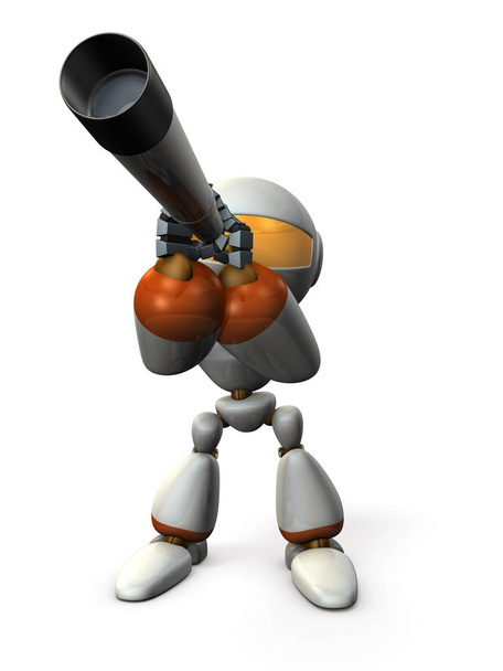 ein niedlicher Roboter, der ins Teleskop blickt. sie sieht die Zukunft voraus. 3D-Illustration. - Foto, Bild