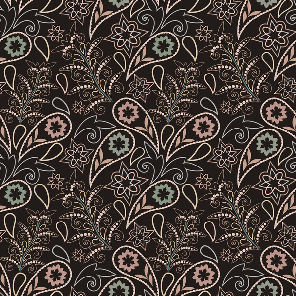 Seamless black and white pattern with paisley and flowers. Traditional ethnic ornament, vector background. - Vecteur, image