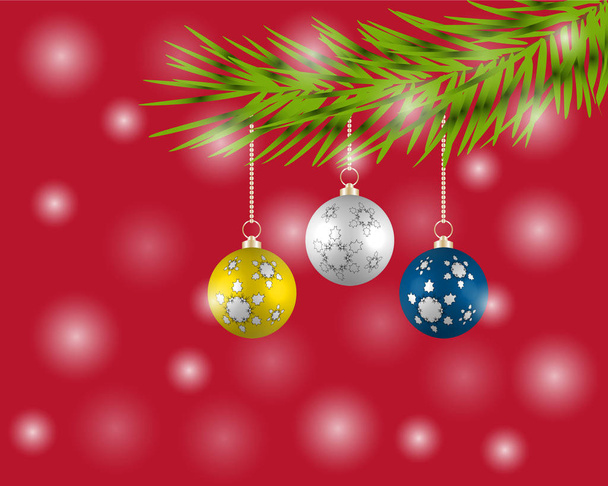 Рождественская елка с разноцветными шарами на красном фоне
. - Вектор,изображение