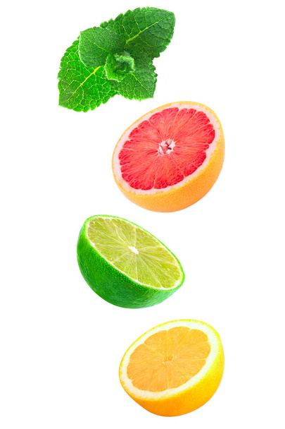 Falling pieces of mint, lemon and lime isolated on white - 写真・画像
