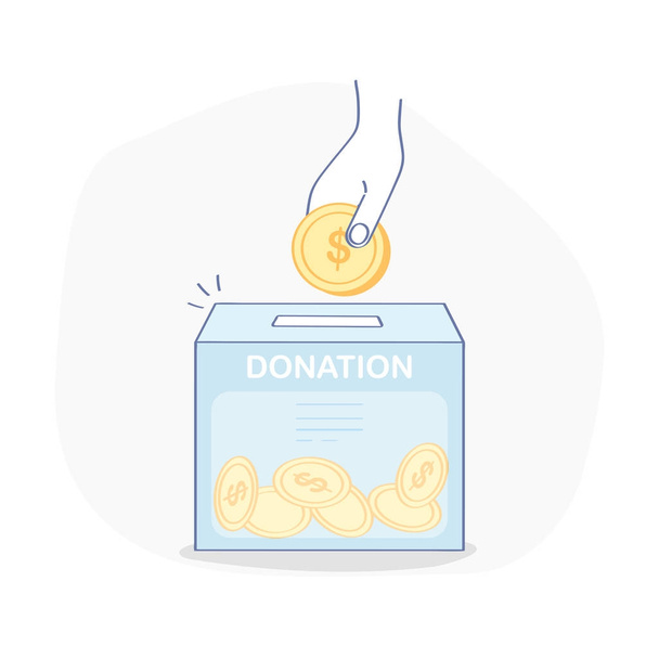 Donation, financial Help and Charity. The hand throws a coin into a box. Flat outline icon concept, vector illustration on white background. - Vector, Image