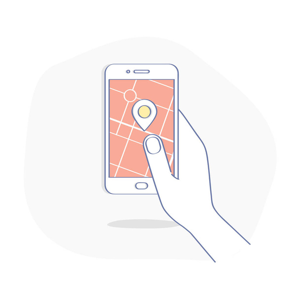 GPS navigation system app on mobile phone in human hand. Map and pin on the smartphone display. Tracking, geo-positioning vector illustration concept on white background. - Vector, Image