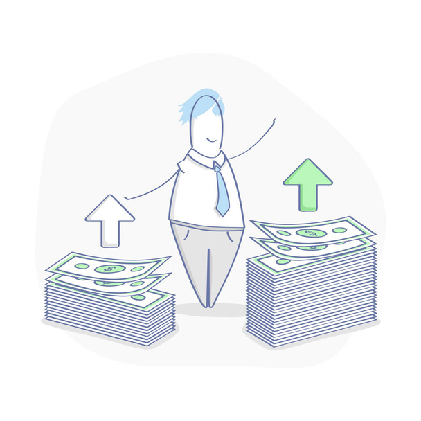Financial growth, compound interest, added value, financial investments, future income growth, revenue increase, money return or budget management. Cute cartoon man with two with two stacks of money. - Vector, Image