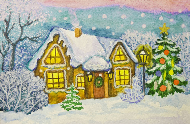 Christmas house, painting - Photo, Image