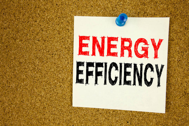 Hand writing text caption inspiration showing Energy Efficiency concept meaning Building Technology Efficiencywritten on sticky note reminder isolated background space - Photo, image
