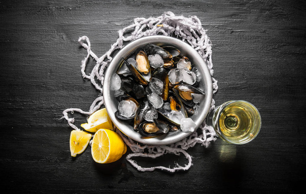Clams in a cup with ice, wine and lemon.  - Foto, immagini