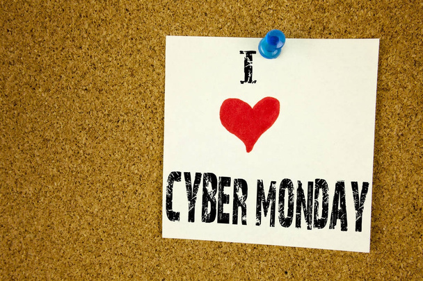 Hand writing text caption inspiration showing I Love Cyber Monday concept meaning Retail Shop Discount Loving written on sticky note, reminder isolated background with copy space - Foto, afbeelding