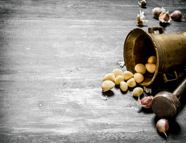 Garlic background. Fresh garlic and a mortar with pestle.  - Foto, immagini