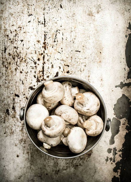 Fresh mushrooms in an old pot. On rustic background. - Foto, Imagem