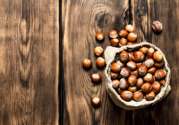 Hazelnuts in the old bag. - Фото, изображение