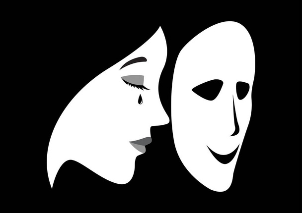 Crying woman with a smilling mask in front of her face - Vector, Image