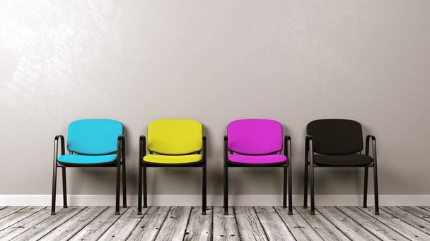 Four CMYK Colored Chairs on Wooden Floor - Photo, image