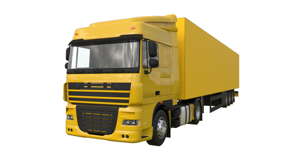 Μεγάλο κίτρινο φορτηγό με ένα ημι-ρυμουλκούμενο. Πρότυπο για την τοποθέτηση των γραφικών. 3D rendering. - Φωτογραφία, εικόνα
