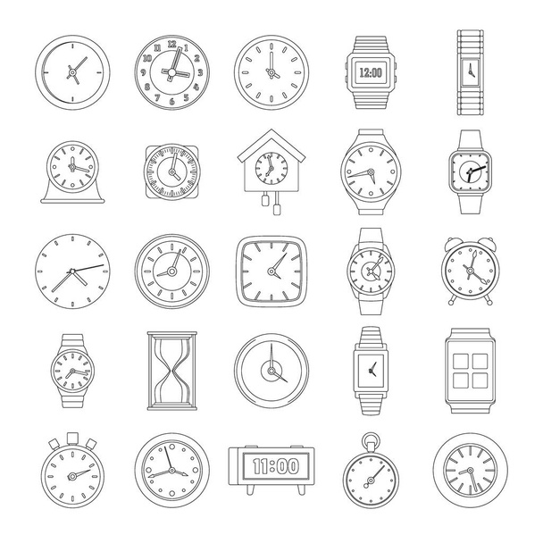 Time and clock icons set, outline style - Vettoriali, immagini