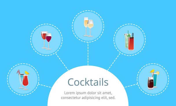 Cocktails Poster with Alcohol Beverages in Circles - Vetor, Imagem