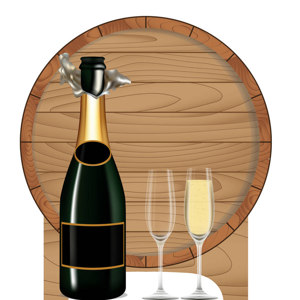 Бутылка зеленого вина со стаканом и бочкой
 - Вектор,изображение