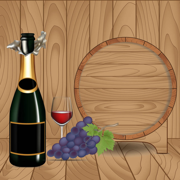 Botella abierta de champán y barril de madera sobre fondo de madera
 - Vector, imagen