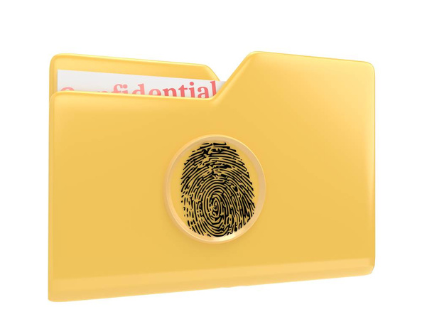 Желтая папка с конфиденциальными документами и значок 3D-иллюстрации сканера отпечатков пальцев, выделенный белым цветом
 - Фото, изображение