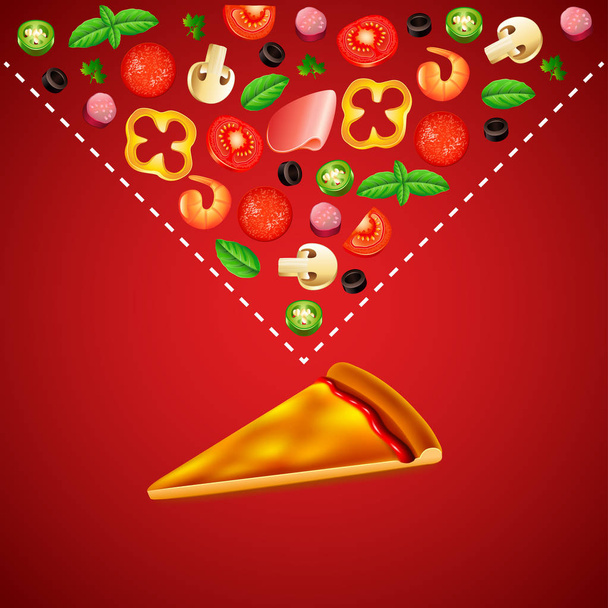 lege plak van pizza en ingrediënten op rode achtergrond - Vector, afbeelding