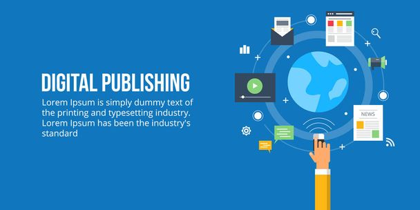 Digital publishing - digital content, ebook, video, online news publication. Flat design digital marketing concept banner. - Vector, Image