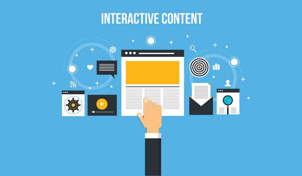 Интерактивный контент - привлечение аудитории, Система привлечения пользователей через интерактивный контент experience.Flat векторный баннер
. - Вектор,изображение