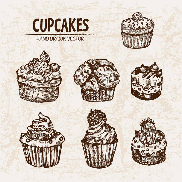 Digital vector detailed line art cupcakes - Vector, Imagen